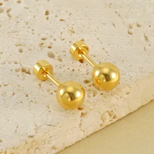 Ball Stud Earrings 18K Gold Plated Stainless Steel Hypoallergenic Mirror Polish Minimalist Secure Screw Back For Women