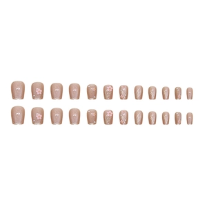 Cat eye press-on nails with pink camellia flowers, glitter, and pearl accents, 24-piece set