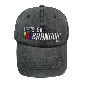 Washed grey cotton baseball cap featuring Let's Go Brandon embroidery and color stripes