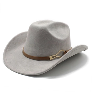 Detail view of light grey felt cowboy hat with brown leather band and gold buckle