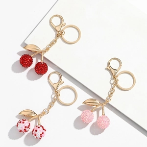 Porte-clés Cerise en Strass Pendentif Fruit Étincelant Feuille d'Or Accessoire Charme de Sac pour Femme Voiture