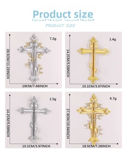 Size chart showing gold and silver cross embroidered patches for clothing and accessories