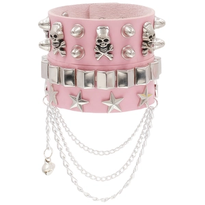 Pink multi-layer PU leather punk bracelet with silver skull charms and metal rivets