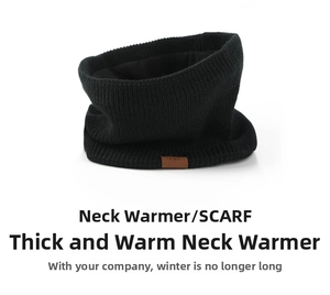 Detailed view of black ribbed knit winter neck warmer with premium brown leather logo tag
