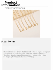 Detail of 10mm gold letter pendant necklaces in titanium steel with crystal inlay