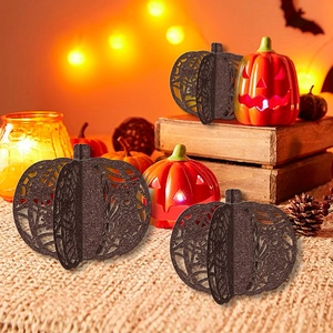 Set of three brown glitter wooden hollow pumpkins for Halloween and Thanksgiving decor