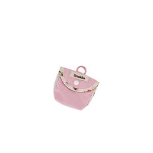 Minimalist pink fabric earphone pouch with floral pattern trim and secure snap button closure