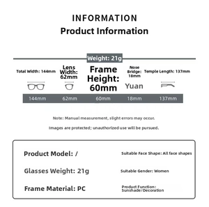 Detailed size chart for square sunglasses showing lens width and frame measurements