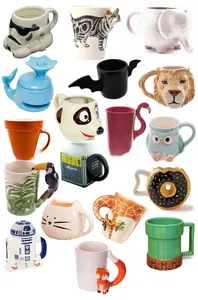 Collection of 3D ceramic mugs featuring creative animal and pop culture character designs