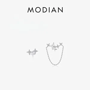 Asymmetric Star Earrings 925 Sterling Silver Cubic Zirconia Long Chain Tassel Minimalist Elegant Jewelry Women
