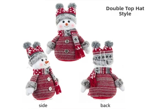 Vues détaillées de face côté et de dos d'un bonhomme de neige en peluche avec bonnet double