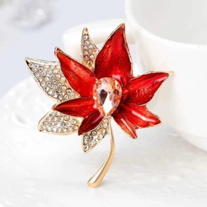 Elegant Poppy Flower Brooch Red Enamel Rhinestone Alloy Floral Pin Vintage Style Jewelry For Women Banquet Wedding