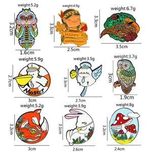 Size chart for enamel pins featuring owl, fox, rabbit and mushroom badge dimensions