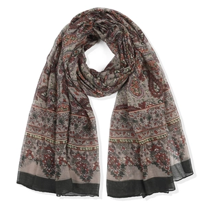 Bohemian paisley print scarf with floral patterns in grey, brown and red tones