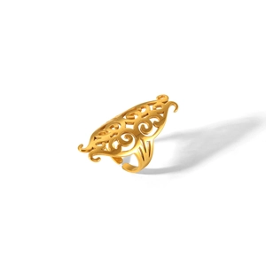 Vintage hollow 18K gold-plated stainless steel open ring with intricate floral patterns