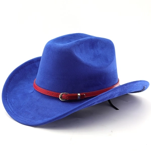Königsblauer Western Cowboyhut aus Wildlederimitat mit rotem Lederband und Silberschnalle