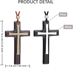 Makroansicht der religiösen Holz- und Legierungskreuzkette mit Größe und Materialien