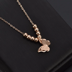 Elegant rose gold titanium steel necklace with 3D butterfly pendant and metal beads