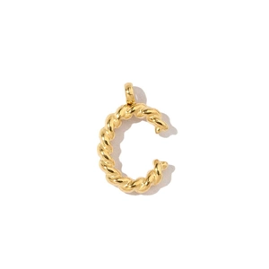 Detailed close-up of a golden twist texture letter C pendant in 18k gold plated steel