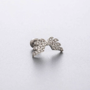 Polished titanium steel ear stud with heart-shaped zircon and wing-shaped silver design