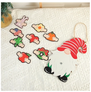 Close-up of wooden gnome ornament with 8 seasonal interchangeable holiday icons