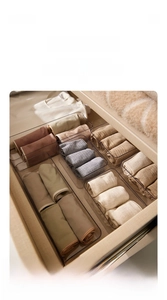 Close-up of clear plastic drawer dividers organizing neatly folded underwear and socks