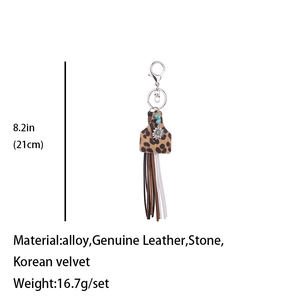 Detailed size guide for leopard print leather tassel keychain with western cow head tag