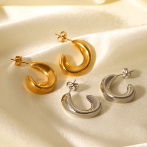 Klobige C-Förmige Creolen Frauen Edelstahl 18K Vergoldet Hohl Minimalistisch Geometrisch Hochglanzpoliert Schmuck