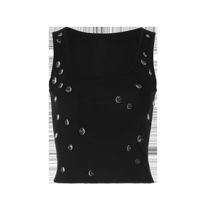 Detail of black ribbed knit crop top featuring elegant sparkling teardrop rhinestone beads