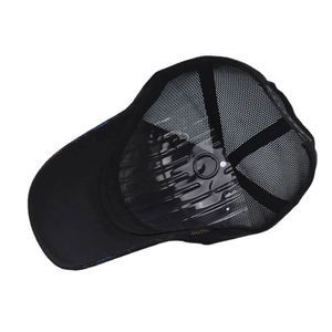 Close-up of black breathable mesh cap structure with adjustable rear snap and internal support