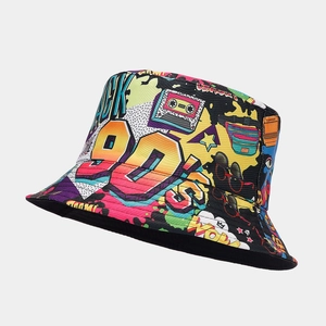 Detail shot of colorful 90s retro graffiti print on double-sided bucket hat fabric