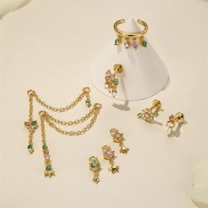 Detail of S925 silver gold-plated multi-layer ear clips with colorful marquise crystals