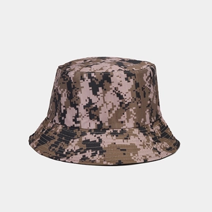 Close-up of digital camouflage bucket hat showing fabric texture and brim stitching