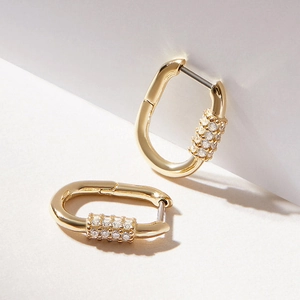 French vintage S925 silver needle gold U-shape earrings with zircon pavé details