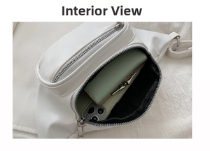 Interior view showing the large storage capacity of a white PU leather waist bag