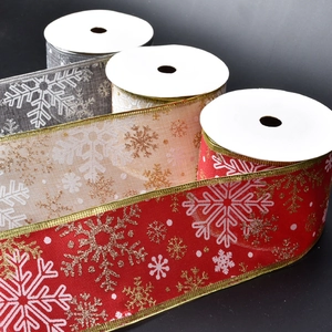 Christmas Ribbon Fabric Snowflake Print Metallic Wire Edge Gift Wrapping DIY Bows Tree Decoration Gold Silver Red