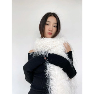 Chic long white faux mink fur scarf for women showing thick plush texture on model