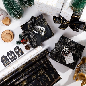 Christmas Gift Wrapping Paper Roll Gilt Coated Paper Luxury Black Gold White Snowflake Pine Tree Pattern Holiday Party