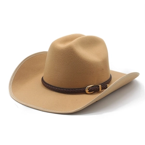 Classic light brown wool felt western cowboy hat with braided leather band and metal buckle