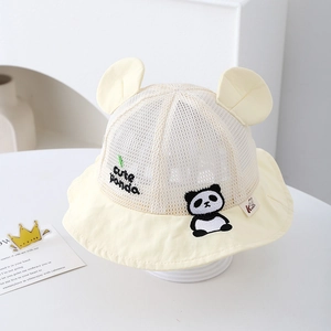 Close-up of baby sun hat featuring breathable mesh, cute panda embroidery, and 3D ears