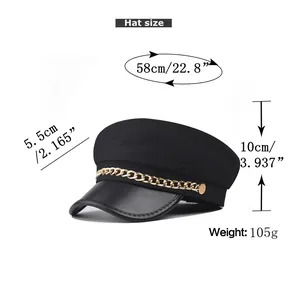 Size guide for black baker boy hat with dimensions 58cm circumference and metal chain