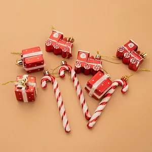 Christmas Tree Ornaments Painted Glitter Red White Plastic Train Candy Cane Car Gift Box Hanging Festive Decorations