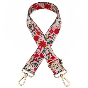 Close-up of pink floral patterned bag strap with golden metal hardware and adjuster
