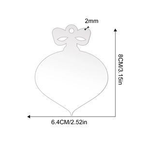 Detailed size chart for acrylic Christmas bulb ornament showing 8cm height and 2mm thickness