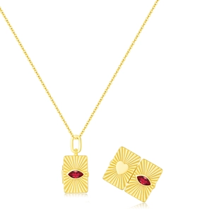 Gold s925 silver envelope necklace with sunburst locket and red gemstone pendant