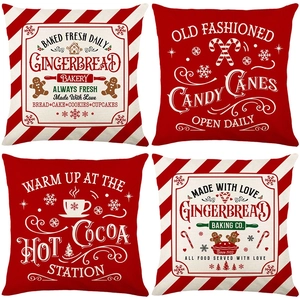 Set of 4 festive Christmas pillow covers with vintage gingerbread and candy cane prints