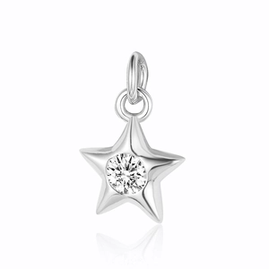 Detailed view of a silver star-shaped pendant with a sparkling zircon center stone