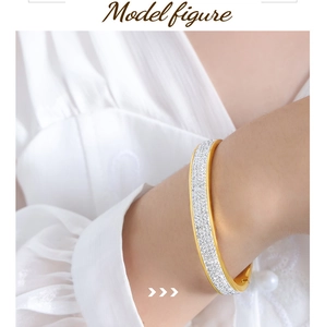 Detail shot of a 18k gold-plated bangle featuring micro-pave white zircon on a model