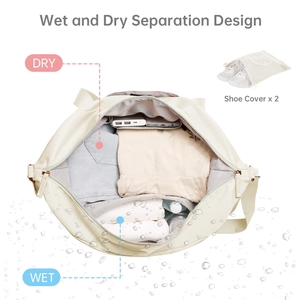Detail view of large capacity fitness bag interior with wet dry separation and two shoe covers