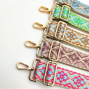 Close-up of ethnic geometric jacquard bag straps with golden swivel lobster clasps